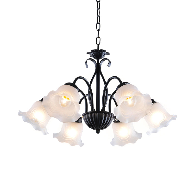 Country Floral Chandelier Lamp 5/6/8 Heads Frosted Glass Pendant Light Fixture in Black with Twisted Arm Clearhalo 'Ceiling Lights' 'Chandeliers' Lighting' options 785014