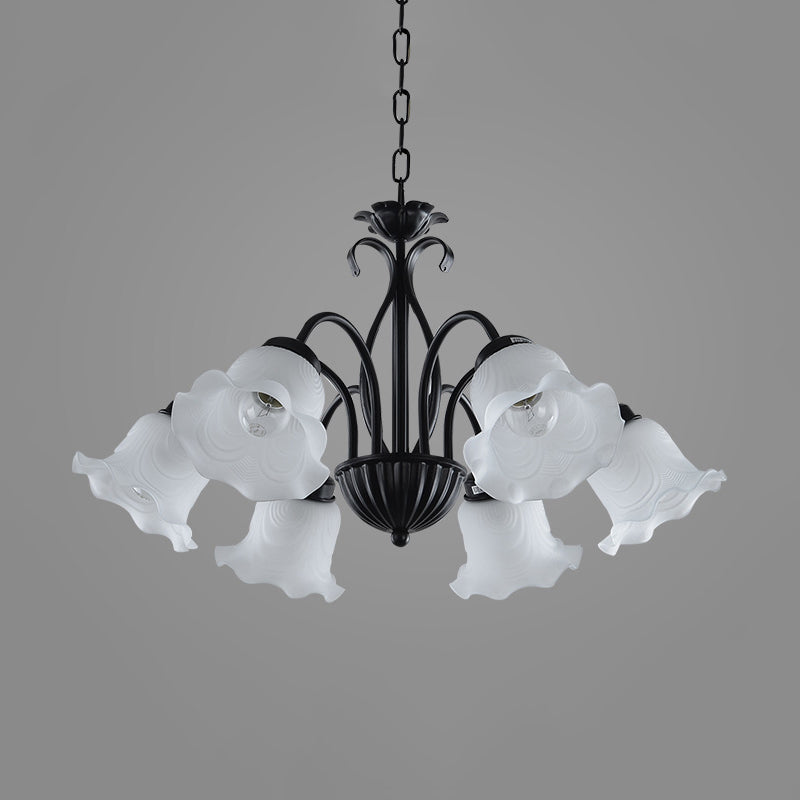 Country Floral Chandelier Lamp 5/6/8 Heads Frosted Glass Pendant Light Fixture in Black with Twisted Arm Clearhalo 'Ceiling Lights' 'Chandeliers' Lighting' options 785015