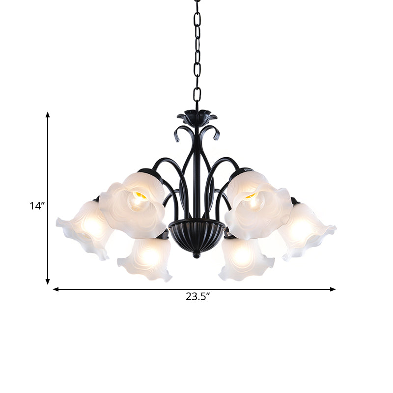 Country Floral Chandelier Lamp 5/6/8 Heads Frosted Glass Pendant Light Fixture in Black with Twisted Arm Clearhalo 'Ceiling Lights' 'Chandeliers' Lighting' options 785016