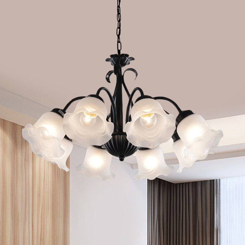 Country Floral Chandelier Lamp 5/6/8 Heads Frosted Glass Pendant Light Fixture in Black with Twisted Arm Clearhalo 'Ceiling Lights' 'Chandeliers' Lighting' options 785017