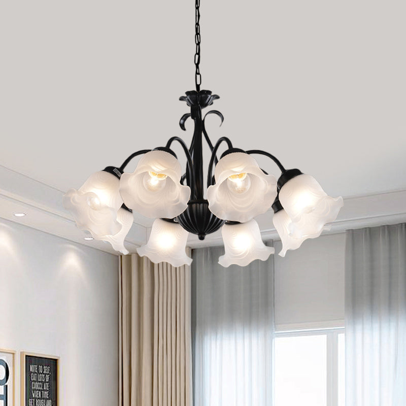 Country Floral Chandelier Lamp 5/6/8 Heads Frosted Glass Pendant Light Fixture in Black with Twisted Arm Clearhalo 'Ceiling Lights' 'Chandeliers' Lighting' options 785018