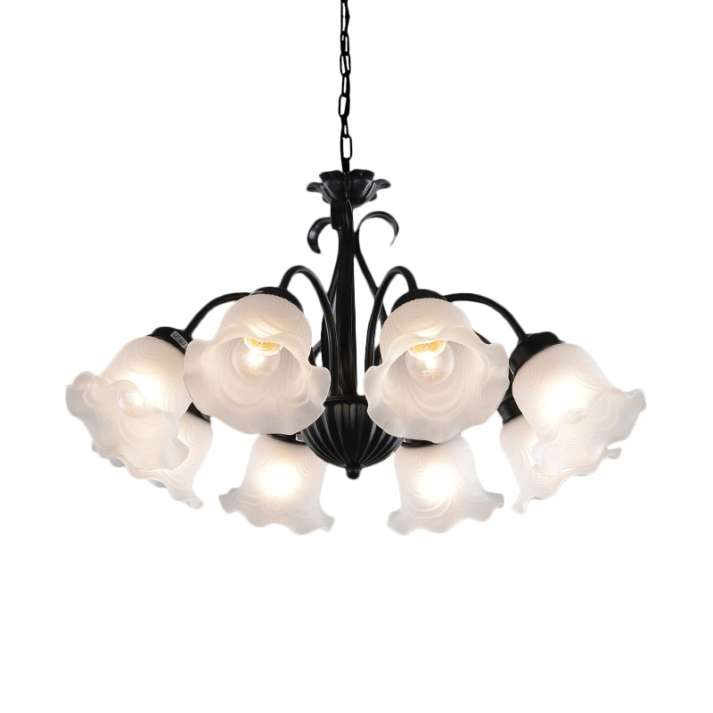 Country Floral Chandelier Lamp 5/6/8 Heads Frosted Glass Pendant Light Fixture in Black with Twisted Arm Clearhalo 'Ceiling Lights' 'Chandeliers' Lighting' options 785019