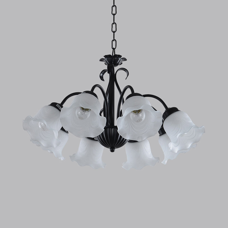 Country Floral Chandelier Lamp 5/6/8 Heads Frosted Glass Pendant Light Fixture in Black with Twisted Arm Clearhalo 'Ceiling Lights' 'Chandeliers' Lighting' options 785020