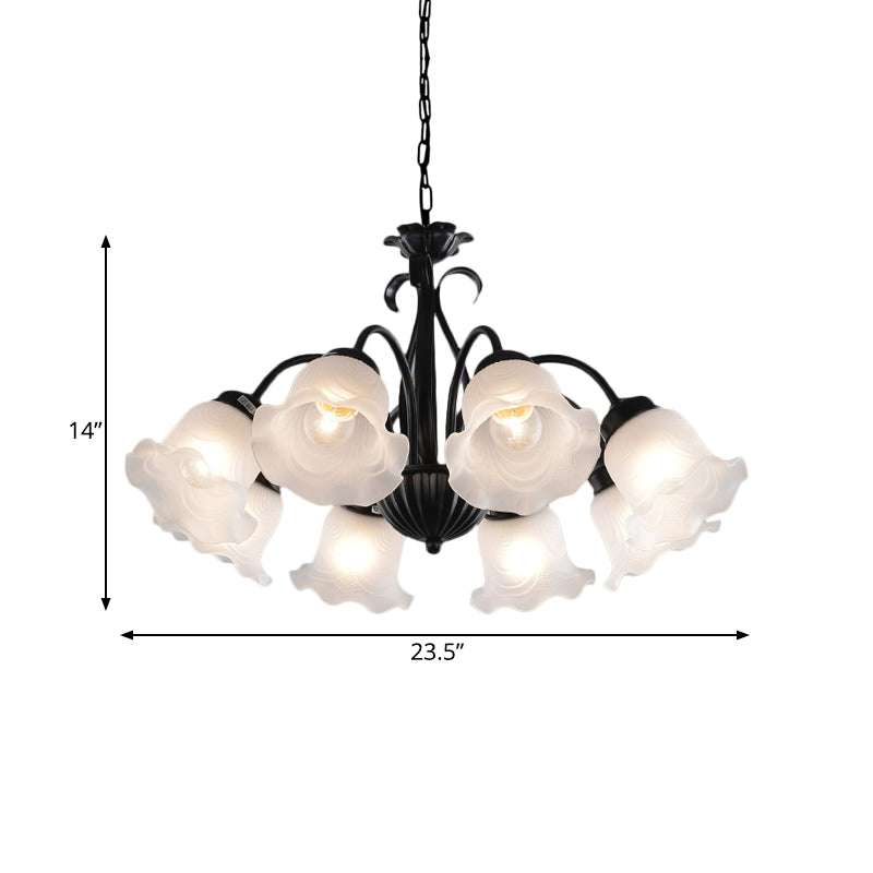 Country Floral Chandelier Lamp 5/6/8 Heads Frosted Glass Pendant Light Fixture in Black with Twisted Arm Clearhalo 'Ceiling Lights' 'Chandeliers' Lighting' options 785021