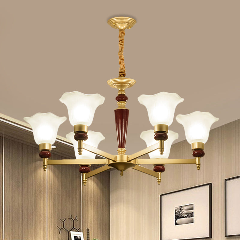 Frosted Glass Blossom Chandelier Light Rustic Style 3/6/8 Lights Living Room Suspension Pendant in Gold Clearhalo 'Ceiling Lights' 'Chandeliers' Lighting' options 785052