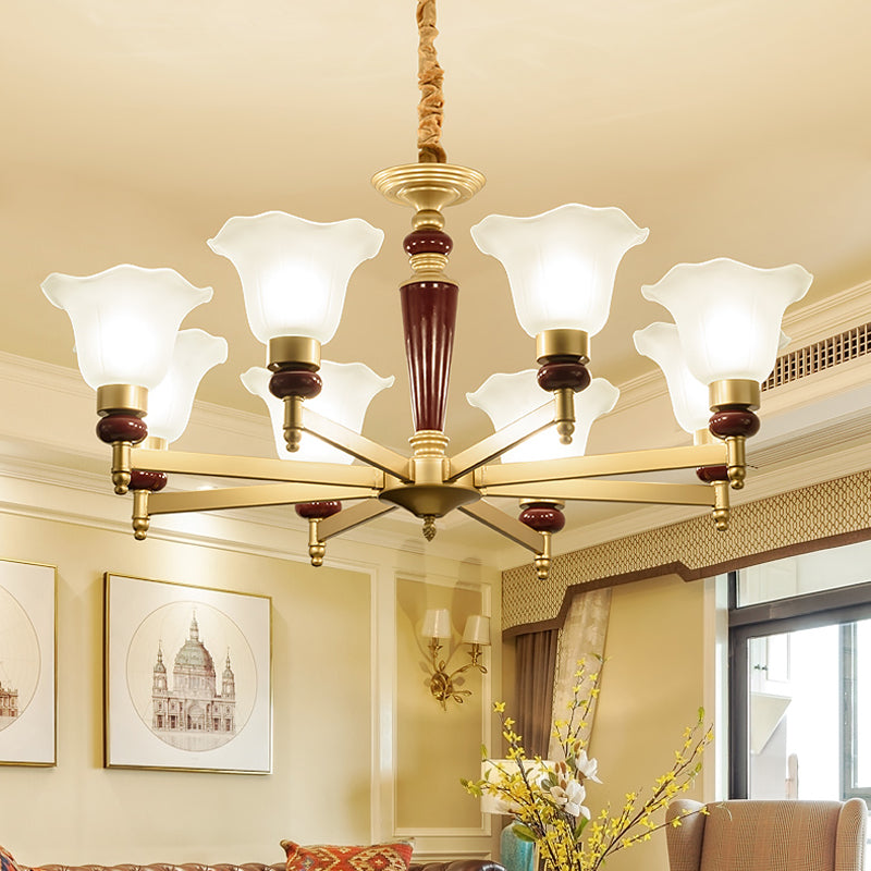 Frosted Glass Blossom Chandelier Light Rustic Style 3/6/8 Lights Living Room Suspension Pendant in Gold 8 Gold Clearhalo 'Ceiling Lights' 'Chandeliers' Lighting' options 785057_a2323469-f95a-42da-8487-6017d7648dd4