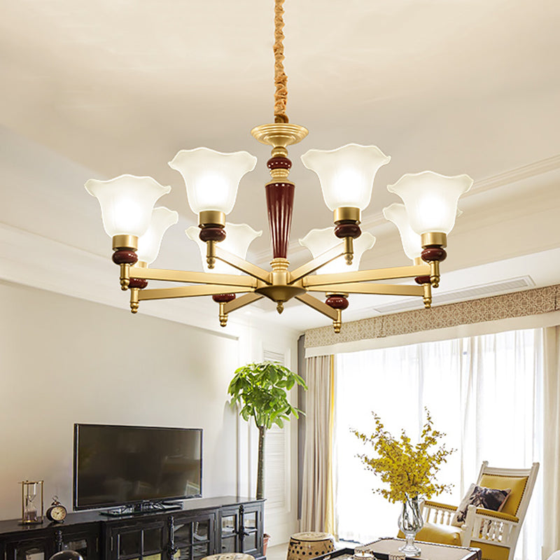 Frosted Glass Blossom Chandelier Light Rustic Style 3/6/8 Lights Living Room Suspension Pendant in Gold Clearhalo 'Ceiling Lights' 'Chandeliers' Lighting' options 785058