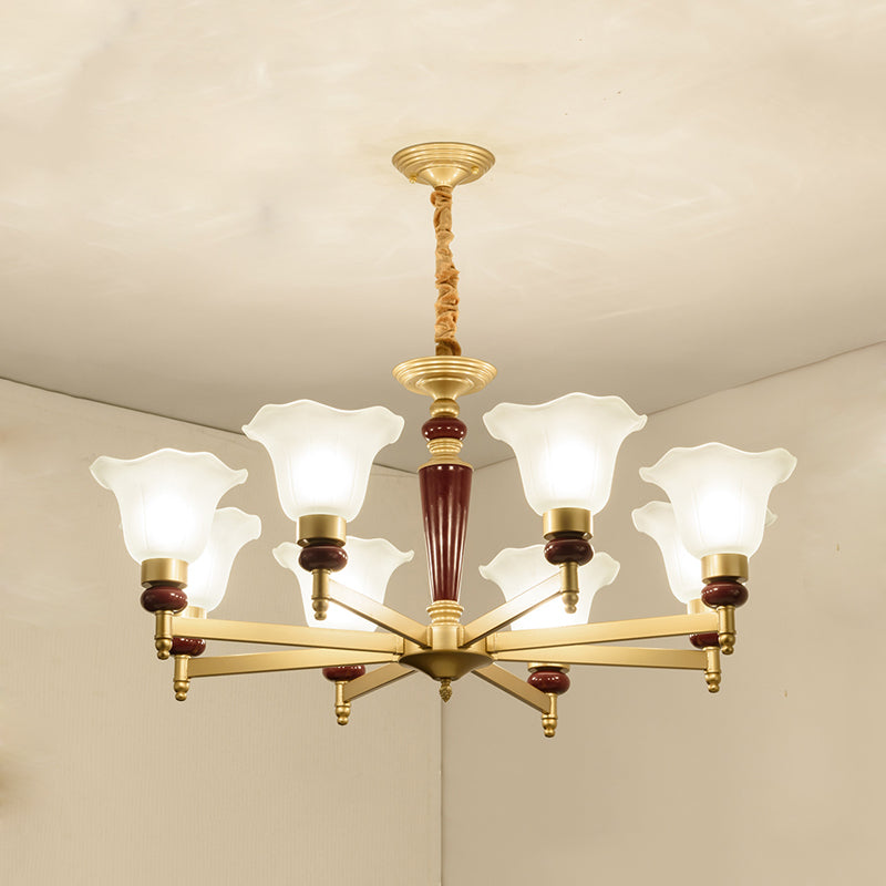 Frosted Glass Blossom Chandelier Light Rustic Style 3/6/8 Lights Living Room Suspension Pendant in Gold Clearhalo 'Ceiling Lights' 'Chandeliers' Lighting' options 785060