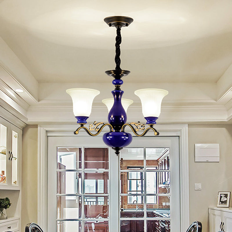 Curving Metal Hanging Chandelier Classic 3/6/8 Lights Living Room Suspension Light in Blue with Bell Opal Glass Shade 3 Blue Clearhalo 'Ceiling Lights' 'Chandeliers' Lighting' options 785076_594274ba-20bd-466e-9e80-0b38192adccf