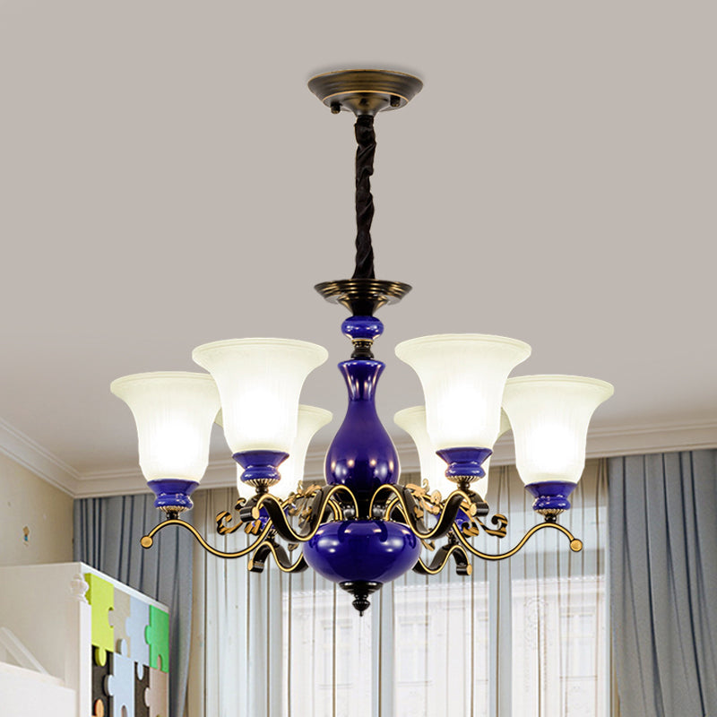 Curving Metal Hanging Chandelier Classic 3/6/8 Lights Living Room Suspension Light in Blue with Bell Opal Glass Shade Clearhalo 'Ceiling Lights' 'Chandeliers' Lighting' options 785080