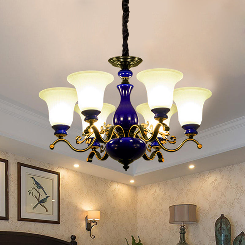 Curving Metal Hanging Chandelier Classic 3/6/8 Lights Living Room Suspension Light in Blue with Bell Opal Glass Shade Clearhalo 'Ceiling Lights' 'Chandeliers' Lighting' options 785081