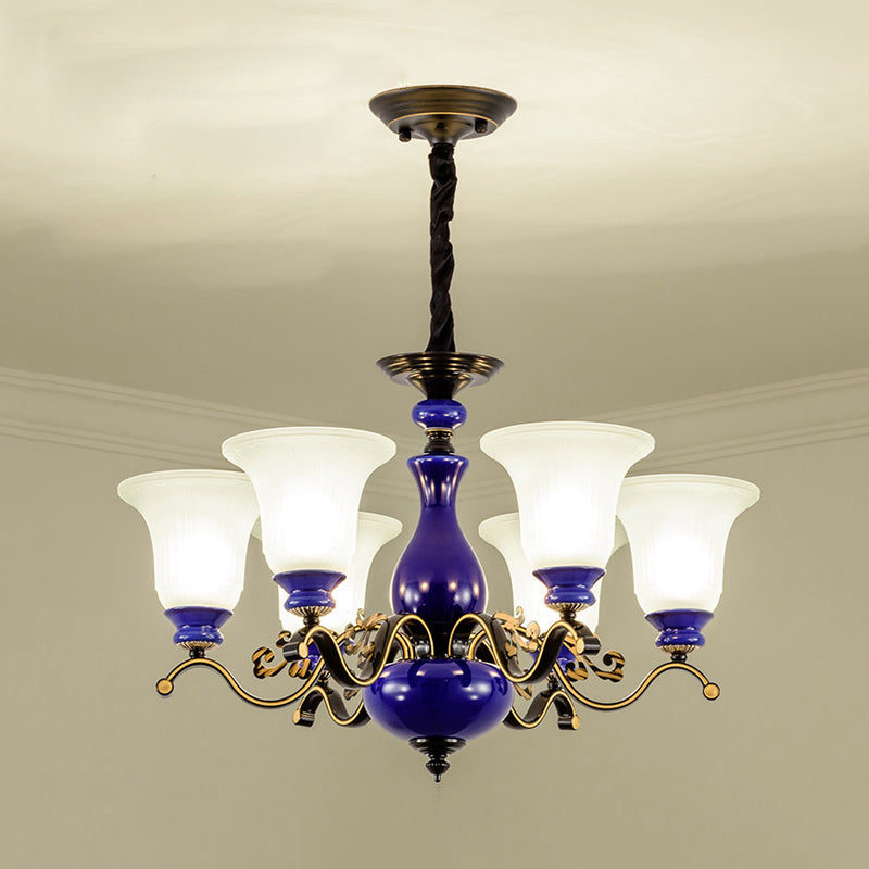 Curving Metal Hanging Chandelier Classic 3/6/8 Lights Living Room Suspension Light in Blue with Bell Opal Glass Shade Clearhalo 'Ceiling Lights' 'Chandeliers' Lighting' options 785083