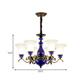 Curving Metal Hanging Chandelier Classic 3/6/8 Lights Living Room Suspension Light in Blue with Bell Opal Glass Shade Clearhalo 'Ceiling Lights' 'Chandeliers' Lighting' options 785084