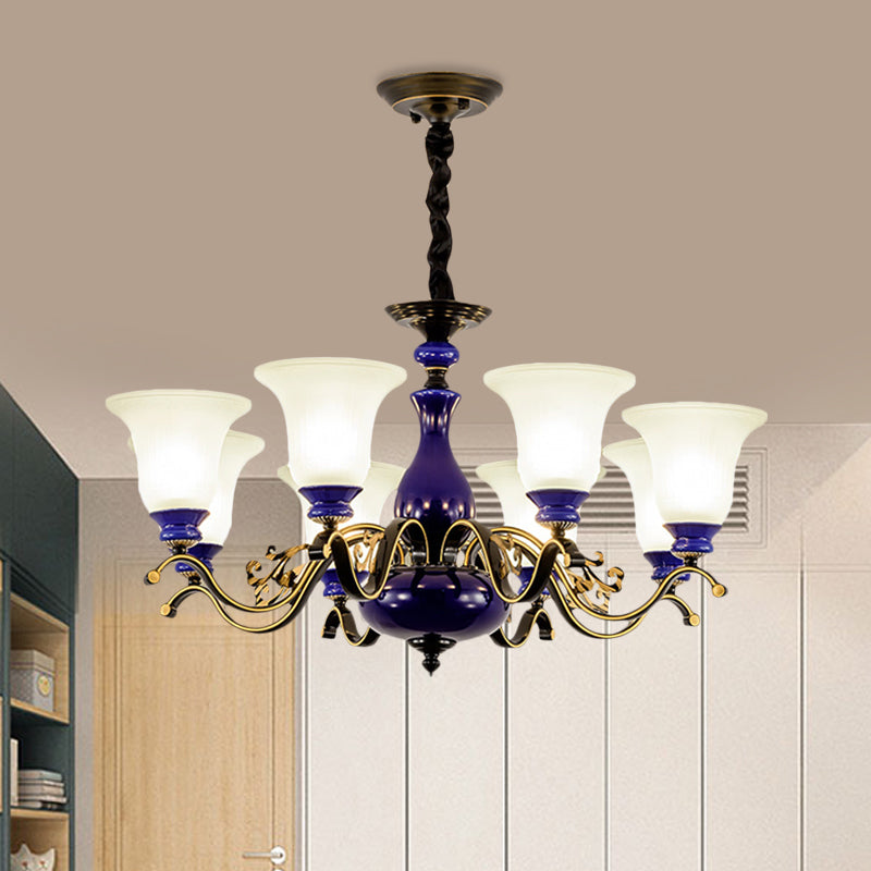 Curving Metal Hanging Chandelier Classic 3/6/8 Lights Living Room Suspension Light in Blue with Bell Opal Glass Shade Clearhalo 'Ceiling Lights' 'Chandeliers' Lighting' options 785085