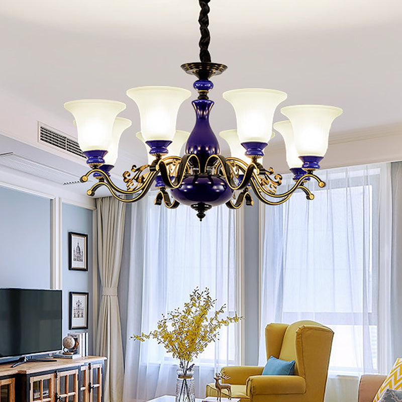 Curving Metal Hanging Chandelier Classic 3/6/8 Lights Living Room Suspension Light in Blue with Bell Opal Glass Shade Clearhalo 'Ceiling Lights' 'Chandeliers' Lighting' options 785086