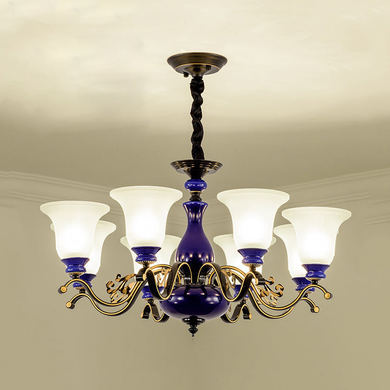 Curving Metal Hanging Chandelier Classic 3/6/8 Lights Living Room Suspension Light in Blue with Bell Opal Glass Shade Clearhalo 'Ceiling Lights' 'Chandeliers' Lighting' options 785088