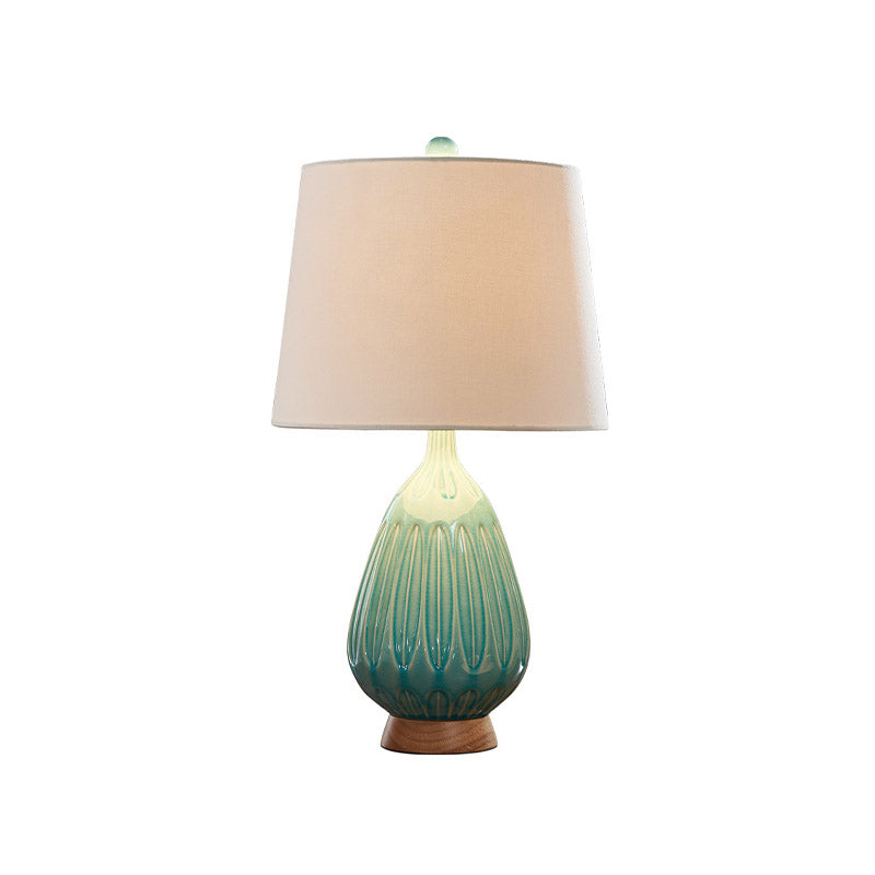 Green 1 Light Table Lamp Countryside Ceramic Teardrop Night Light with Drum Fabric Shade Clearhalo 'Lamps' 'Table Lamps' Lighting' 785096