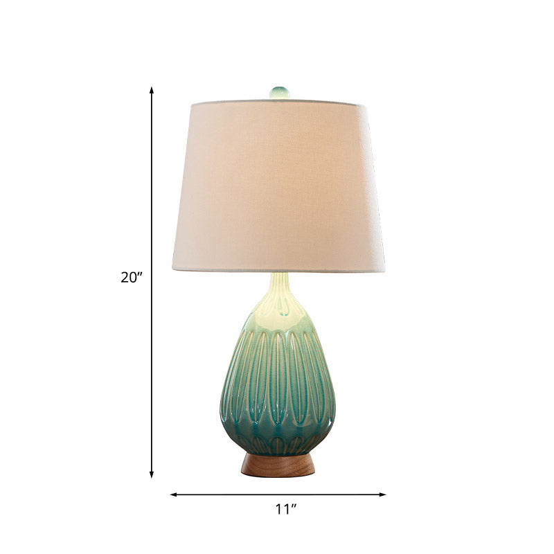 Green 1 Light Table Lamp Countryside Ceramic Teardrop Night Light with Drum Fabric Shade Clearhalo 'Lamps' 'Table Lamps' Lighting' 785097