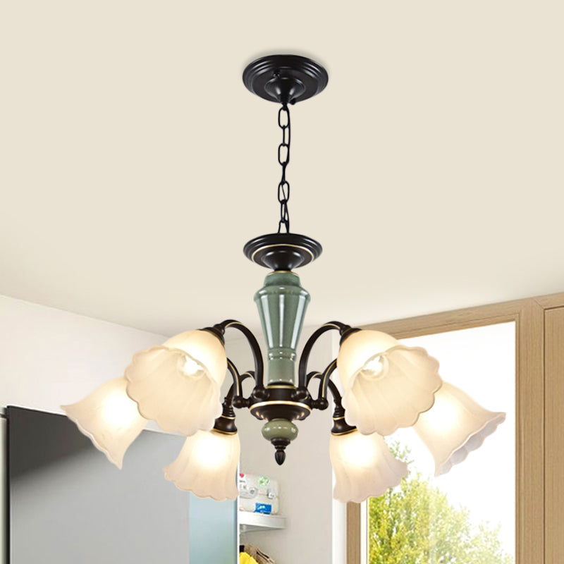 Black Flower Ceiling Chandelier Rural Style Frosted Glass 3/6/8 Heads Hanging Light Kit with Swooping Arm Clearhalo 'Ceiling Lights' 'Chandeliers' Lighting' options 785110