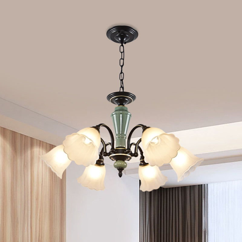 Black Flower Ceiling Chandelier Rural Style Frosted Glass 3/6/8 Heads Hanging Light Kit with Swooping Arm Clearhalo 'Ceiling Lights' 'Chandeliers' Lighting' options 785111