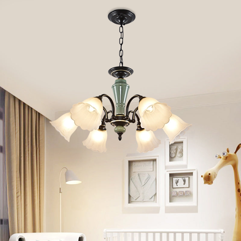 Black Flower Ceiling Chandelier Rural Style Frosted Glass 3/6/8 Heads Hanging Light Kit with Swooping Arm Clearhalo 'Ceiling Lights' 'Chandeliers' Lighting' options 785112