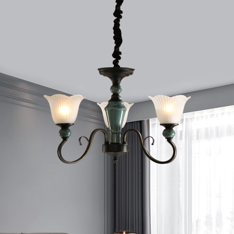 3/6-Light Pendant Light Rural Style Frosted Ribbed Glass Chandelier Lighting Fixture in Black with Swirl Arm 3 Black Clearhalo 'Ceiling Lights' 'Chandeliers' Lighting' options 785120_08ab70b4-b0bc-4166-b12c-e013903eb7e5