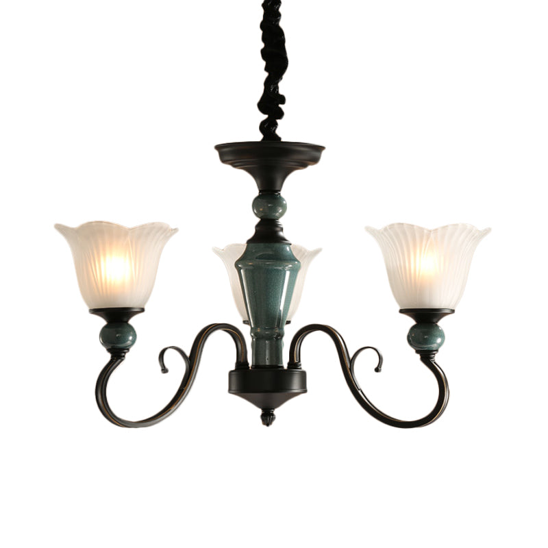 3/6-Light Pendant Light Rural Style Frosted Ribbed Glass Chandelier Lighting Fixture in Black with Swirl Arm Clearhalo 'Ceiling Lights' 'Chandeliers' Lighting' options 785121