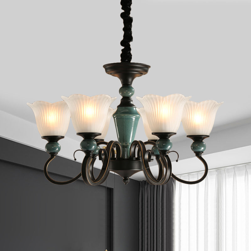 3/6-Light Pendant Light Rural Style Frosted Ribbed Glass Chandelier Lighting Fixture in Black with Swirl Arm 6 Black Clearhalo 'Ceiling Lights' 'Chandeliers' Lighting' options 785124_7e0cb810-1850-45a8-8104-bcd325a7a4f3