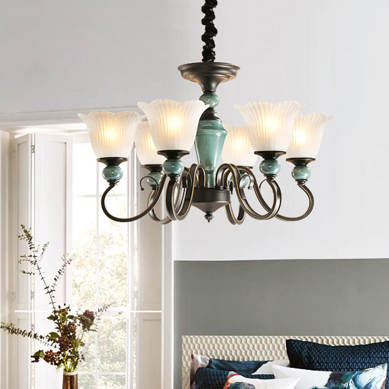 3/6-Light Pendant Light Rural Style Frosted Ribbed Glass Chandelier Lighting Fixture in Black with Swirl Arm Clearhalo 'Ceiling Lights' 'Chandeliers' Lighting' options 785125