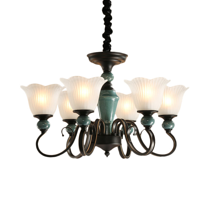 3/6-Light Pendant Light Rural Style Frosted Ribbed Glass Chandelier Lighting Fixture in Black with Swirl Arm Clearhalo 'Ceiling Lights' 'Chandeliers' Lighting' options 785126