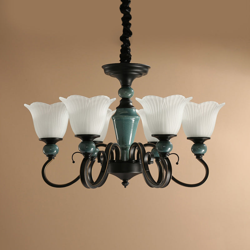 3/6-Light Pendant Light Rural Style Frosted Ribbed Glass Chandelier Lighting Fixture in Black with Swirl Arm Clearhalo 'Ceiling Lights' 'Chandeliers' Lighting' options 785127