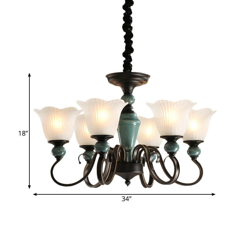 3/6-Light Pendant Light Rural Style Frosted Ribbed Glass Chandelier Lighting Fixture in Black with Swirl Arm Clearhalo 'Ceiling Lights' 'Chandeliers' Lighting' options 785128