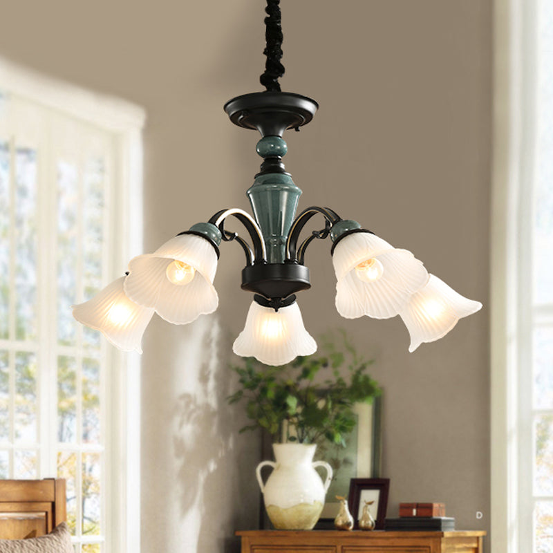 Curved Arm Living Room Pendant Lamp Country Metallic 5/6-Bulb Black Finish Chandelier Light with Flower Frosted Glass Shade Clearhalo 'Ceiling Lights' 'Chandeliers' Lighting' options 785137