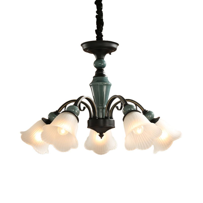 Curved Arm Living Room Pendant Lamp Country Metallic 5/6-Bulb Black Finish Chandelier Light with Flower Frosted Glass Shade Clearhalo 'Ceiling Lights' 'Chandeliers' Lighting' options 785138