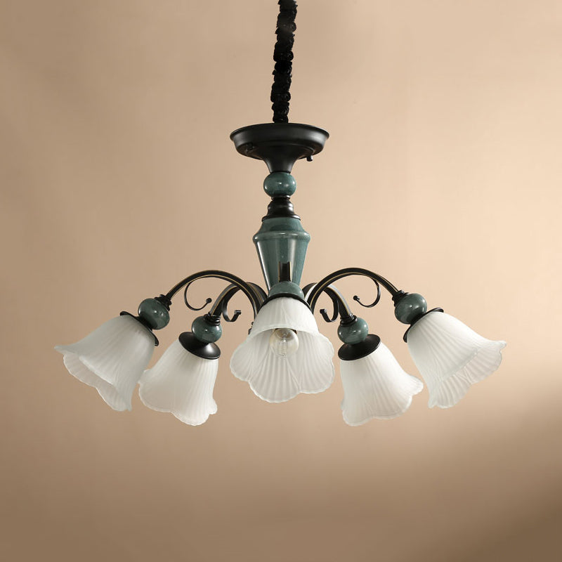 Curved Arm Living Room Pendant Lamp Country Metallic 5/6-Bulb Black Finish Chandelier Light with Flower Frosted Glass Shade Clearhalo 'Ceiling Lights' 'Chandeliers' Lighting' options 785139