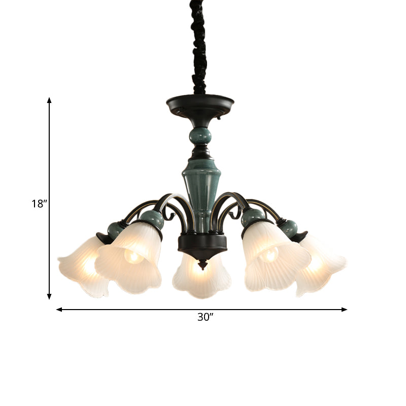 Curved Arm Living Room Pendant Lamp Country Metallic 5/6-Bulb Black Finish Chandelier Light with Flower Frosted Glass Shade Clearhalo 'Ceiling Lights' 'Chandeliers' Lighting' options 785140