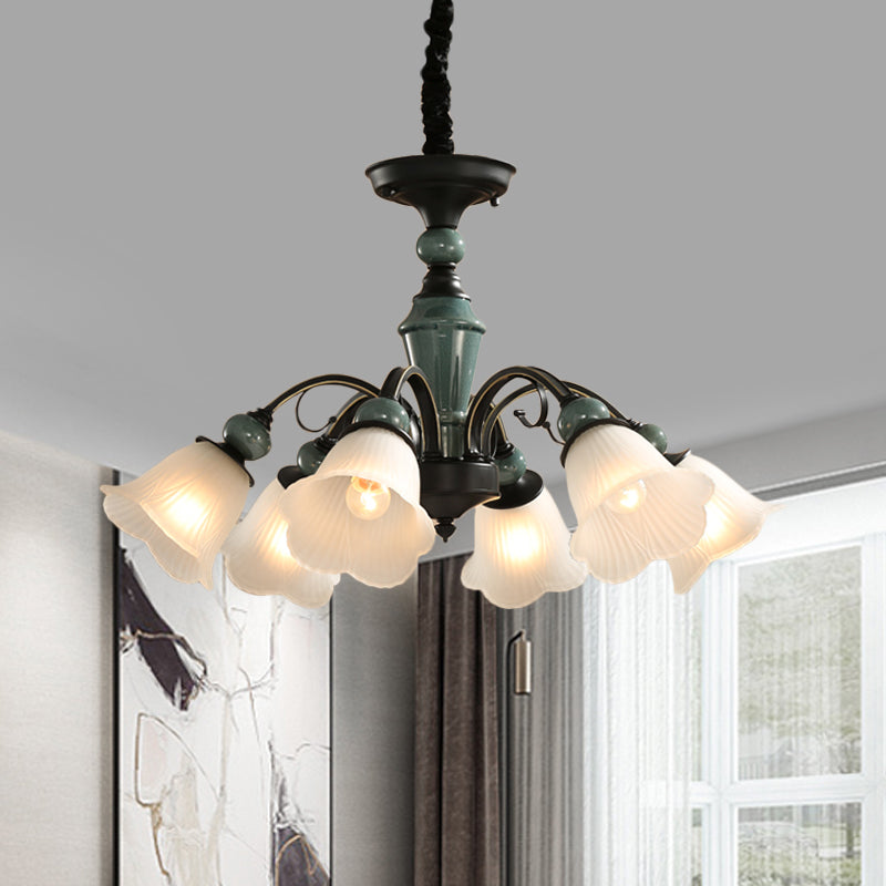 Curved Arm Living Room Pendant Lamp Country Metallic 5/6-Bulb Black Finish Chandelier Light with Flower Frosted Glass Shade Clearhalo 'Ceiling Lights' 'Chandeliers' Lighting' options 785141