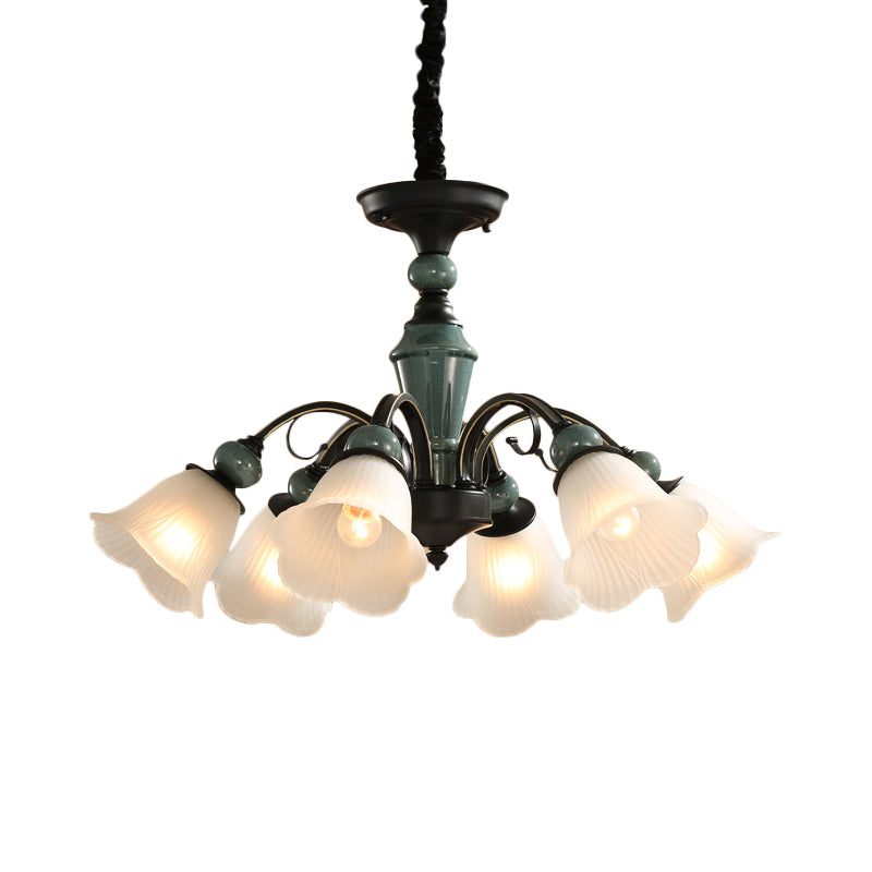 Curved Arm Living Room Pendant Lamp Country Metallic 5/6-Bulb Black Finish Chandelier Light with Flower Frosted Glass Shade Clearhalo 'Ceiling Lights' 'Chandeliers' Lighting' options 785143