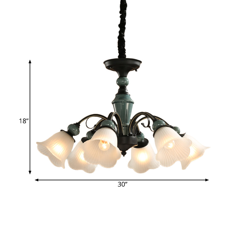 Curved Arm Living Room Pendant Lamp Country Metallic 5/6-Bulb Black Finish Chandelier Light with Flower Frosted Glass Shade Clearhalo 'Ceiling Lights' 'Chandeliers' Lighting' options 785145