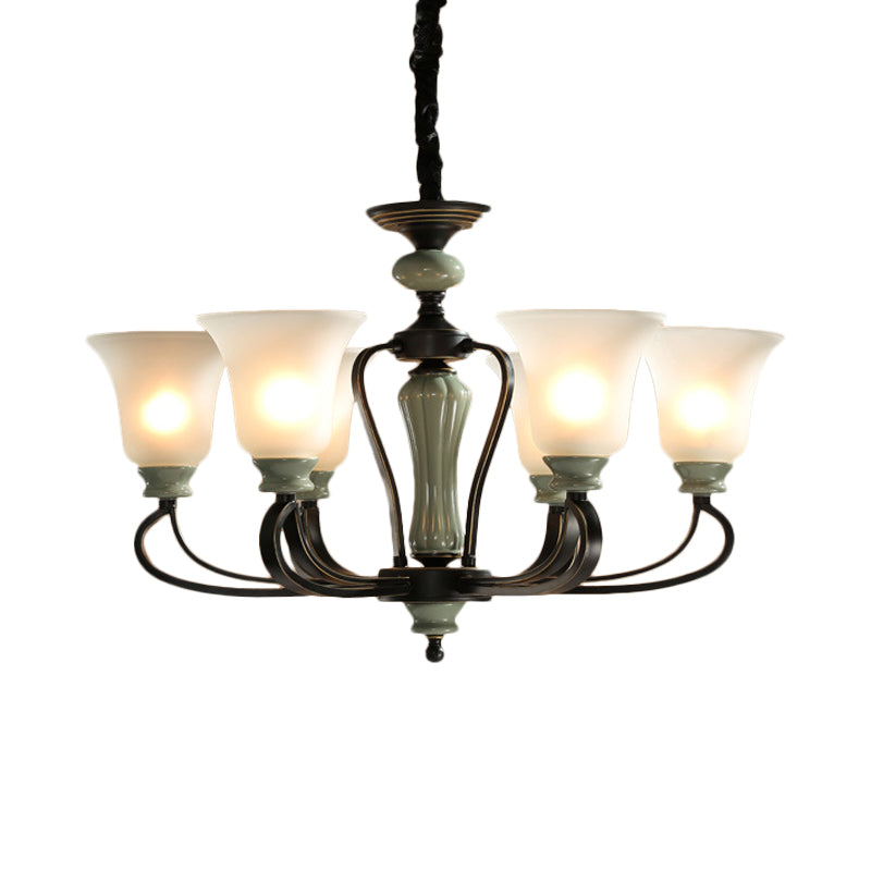 6/8 Heads Frosted Glass Chandelier Traditional Black Finish Bell Living Room Pendant Light Kit with Swirl Arm Clearhalo 'Ceiling Lights' 'Chandeliers' Lighting' options 785147