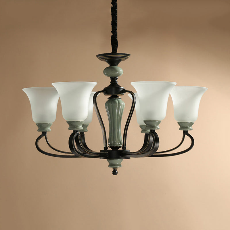 6/8 Heads Frosted Glass Chandelier Traditional Black Finish Bell Living Room Pendant Light Kit with Swirl Arm Clearhalo 'Ceiling Lights' 'Chandeliers' Lighting' options 785148