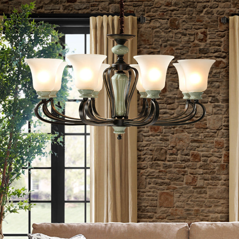 6/8 Heads Frosted Glass Chandelier Traditional Black Finish Bell Living Room Pendant Light Kit with Swirl Arm Clearhalo 'Ceiling Lights' 'Chandeliers' Lighting' options 785150