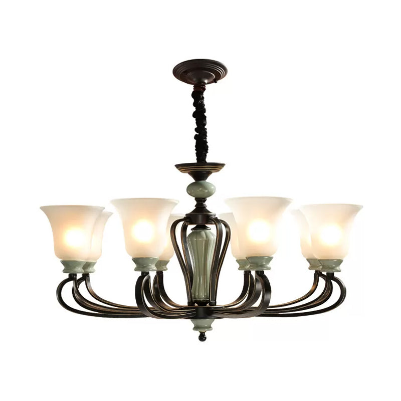 6/8 Heads Frosted Glass Chandelier Traditional Black Finish Bell Living Room Pendant Light Kit with Swirl Arm Clearhalo 'Ceiling Lights' 'Chandeliers' Lighting' options 785152