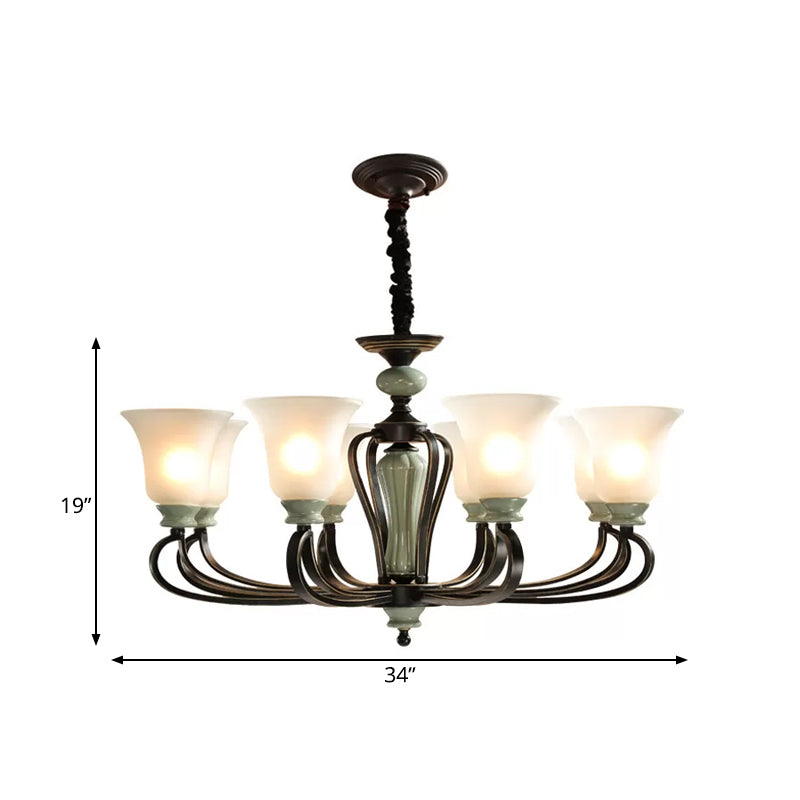 6/8 Heads Frosted Glass Chandelier Traditional Black Finish Bell Living Room Pendant Light Kit with Swirl Arm Clearhalo 'Ceiling Lights' 'Chandeliers' Lighting' options 785154