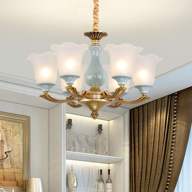 Gold 6 Bulbs Pendant Lighting Rural Style Frosted Glass Flower Ceiling Chandelier for Dining Room Clearhalo 'Ceiling Lights' 'Chandeliers' Lighting' options 785155