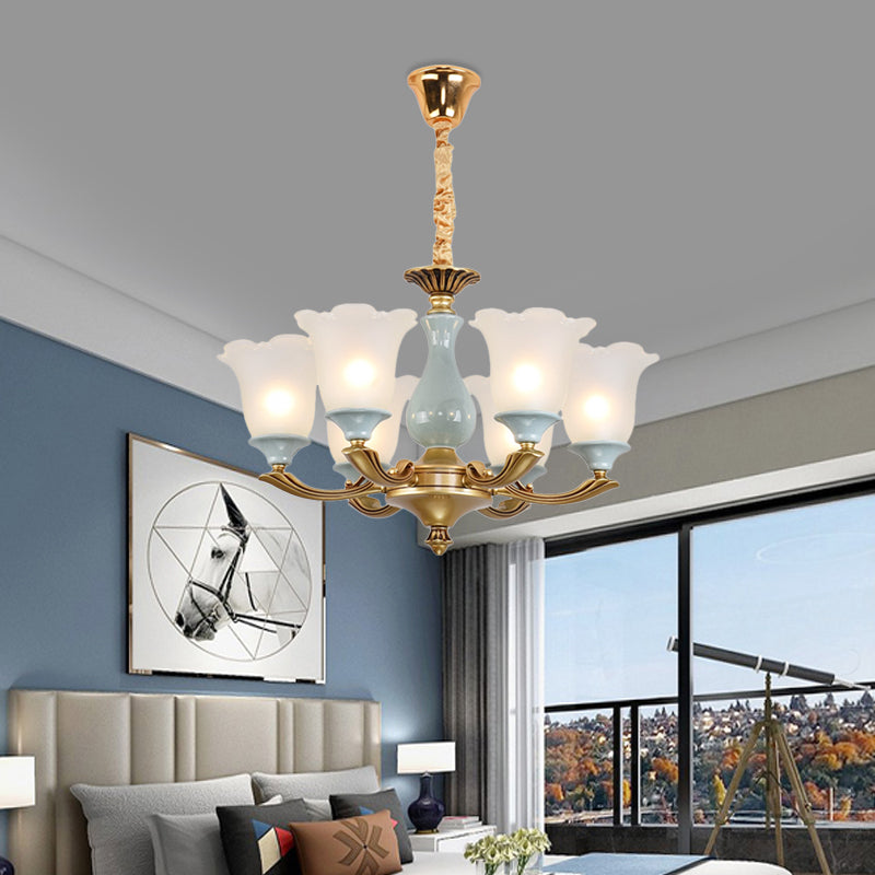 Gold 6 Bulbs Pendant Lighting Rural Style Frosted Glass Flower Ceiling Chandelier for Dining Room Clearhalo 'Ceiling Lights' 'Chandeliers' Lighting' options 785156