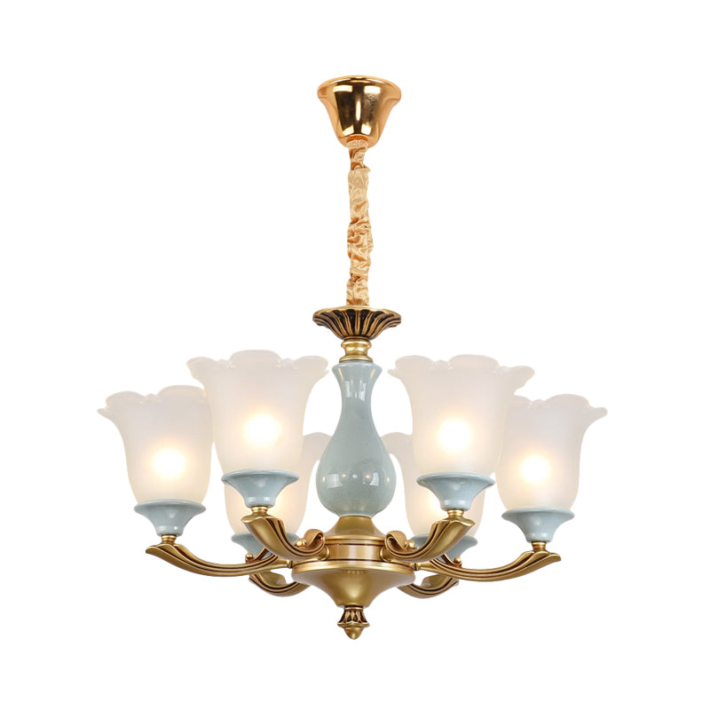 Gold 6 Bulbs Pendant Lighting Rural Style Frosted Glass Flower Ceiling Chandelier for Dining Room Clearhalo 'Ceiling Lights' 'Chandeliers' Lighting' options 785157