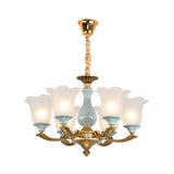 Gold 6 Bulbs Pendant Lighting Rural Style Frosted Glass Flower Ceiling Chandelier for Dining Room Clearhalo 'Ceiling Lights' 'Chandeliers' Lighting' options 785157