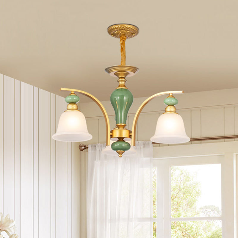 Opal Glass Gold Pendant Light Fixture Bell 5/6/8 Lights Rustic Style Chandelier Lighting with Curved Arm Clearhalo 'Ceiling Lights' 'Chandeliers' Lighting' options 785171