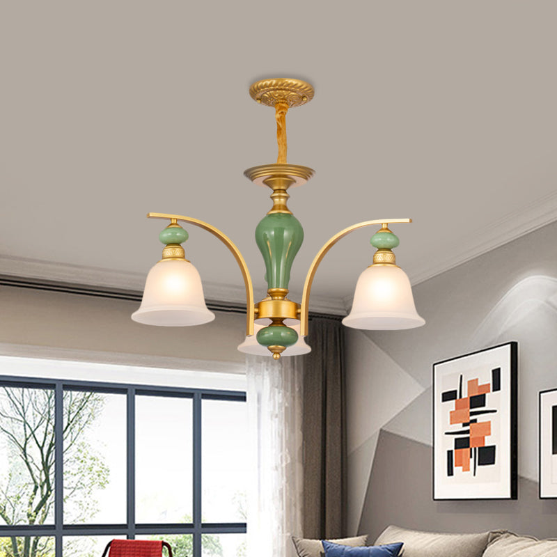 Opal Glass Gold Pendant Light Fixture Bell 5/6/8 Lights Rustic Style Chandelier Lighting with Curved Arm Clearhalo 'Ceiling Lights' 'Chandeliers' Lighting' options 785172